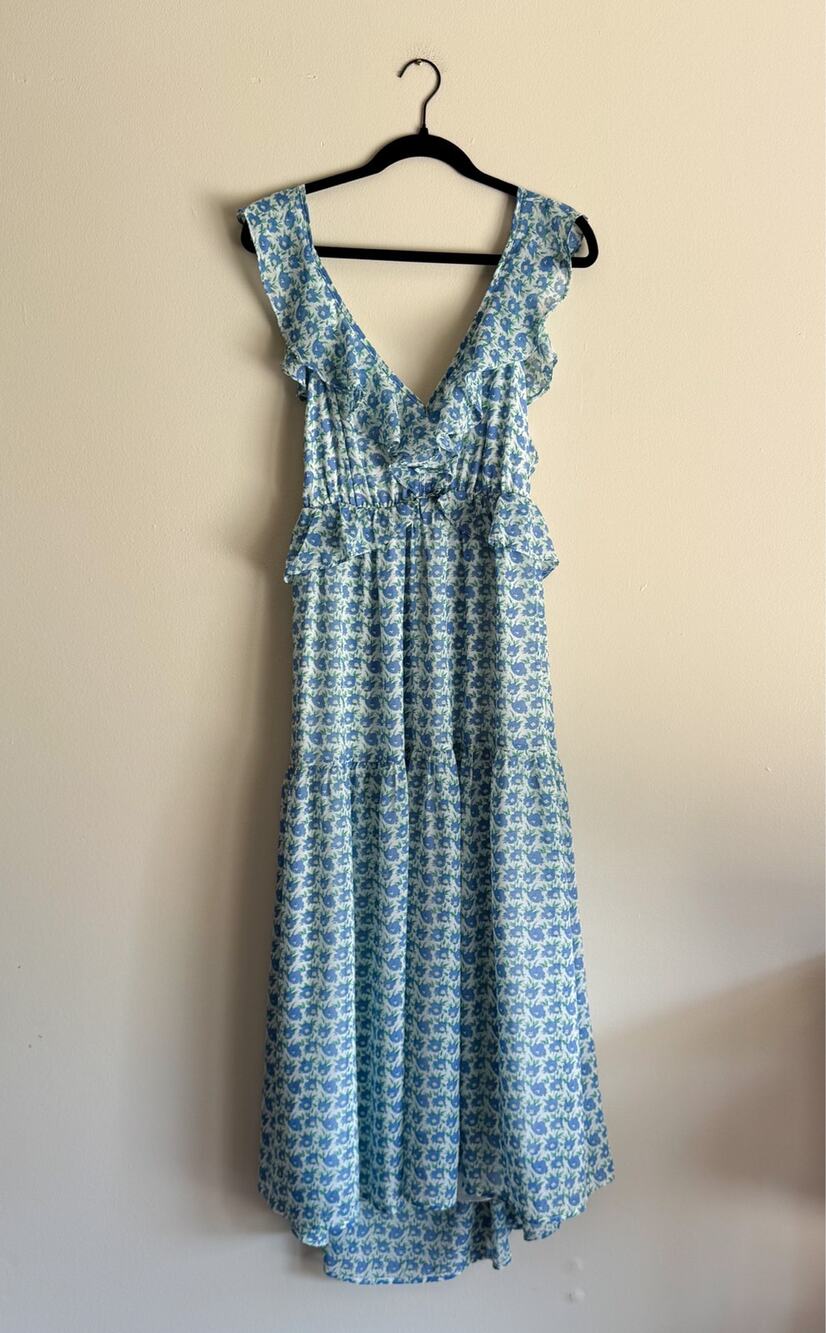Lush Blue + White Floral Print V Neck Ruffle Tiered Open Back Maxi Dress XL